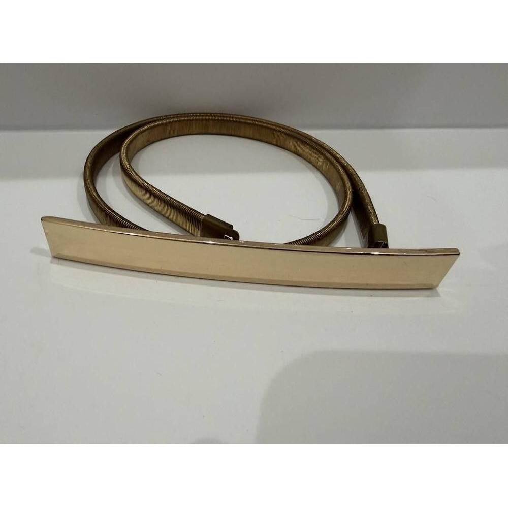 Vintage Shiny Gold Metal Stretch Spring Coil Belt Mirror Finish Bar Buckle S M